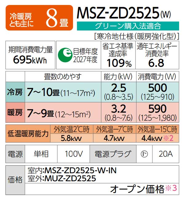 ω三菱 ルームエアコン【MSZ-ZD2525 W】ピュアホワイト 2025年 ZDシリーズ ズバ暖霧ヶ峰 単相100V 主に8畳 (旧品番 MSZ-ZD2524 W)