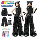 ダンス衣装 キッズ レザー パンツセット キッズ セットアップ ヒップホップ 子供服 女の子 ガールズ ベスト ノースリーブ ヘソ出し レザーパンツ 黒 ロング丈 ベスト 胸花付き 薔薇 袖カバー 帽子 猫耳型 可愛い ニット 通気 派手 韓国 Y2K ダンスウェア 個性的 おしゃれ