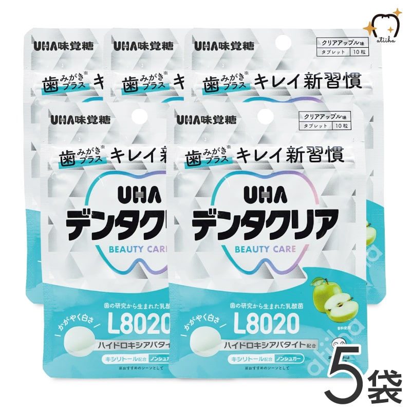 L8020乳酸菌＋バイオアパタイト配合で歯みがき後の新習慣に 虫歯のない人のお口から発見された乳酸菌 「L8020乳酸菌」に加え、歯の表面の汚れや着色を吸着する成分「バイオアパタイト」を配合。 全量中キシリトール51％含有 販売名 デンタクリア タブレット BEAUTY CARE L8020 ハイオロキシアパタイト配合 味 クリアアップル タブレット 10粒 原材料名 ハイドロキシアパタイト(国内製造)、L8020乳酸菌(殺菌)粉末、甘味料(キシリトール)、ソルビトール、ステビア、アスパルテーム、Lフェニルアラニン化合物、アセスルフ酸Ca、酸味料、微粒二酸化ケイ素、香料、緑茶抽出物 保存方法 直射日光・高温多湿を避け、保存してください。 1日の摂取目安 1〜2粒 栄養成分表示　1粒（1.3g）当たり エネルギー：4.8kcal、たんぱく質：0.01g、脂質：0.05g、炭水化物：1.1g（糖類：0g）、食塩相当量：0.0009g 原材料に含まれるアレルギー物質〈特定原材料及びそれに準ずるもの〉 該当なし 注意事項 ※開封後はチャックをしっかり閉めてお早めにお召し上がりください。 ※一度に多量に摂ると、体質によってお腹がゆるくなる場合があります。 ※お口に疾患をお持ちの方は、医師にご相談の上、お召し上がりください。 ※お体に合わない場合は、すぐに摂取をお止めください。 ※表面に斑点が見られることがありますが、原材料の一部ですので品質には問題ございません。 ※商品の規格変更などにより、製品記載の内容と異なる場合がございます。必ず、お手元の製品パッケージの表示をご確認ください。 キーワード L8020乳酸菌 バイオアパタイト むし歯予防 歯周病予防 歯の着色 口臭予防 殺菌 口内環境の改善 ダブル効果 歯科医師推奨