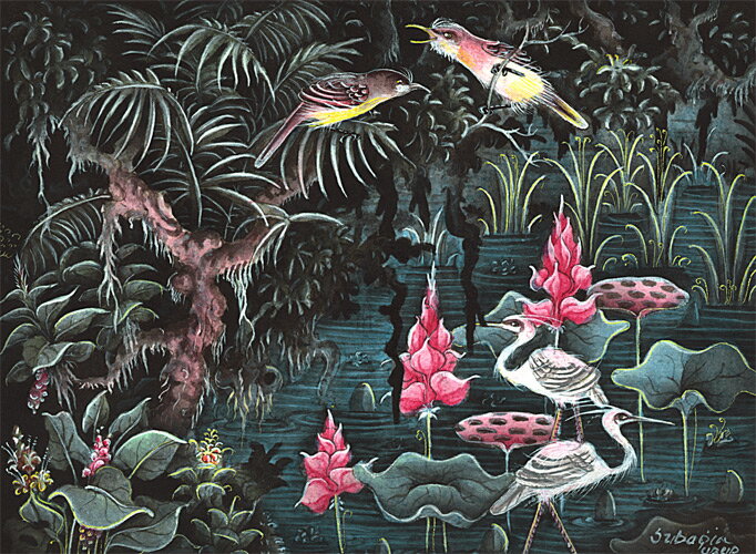 バリ細密画　南国の森深くの沼の小鳥