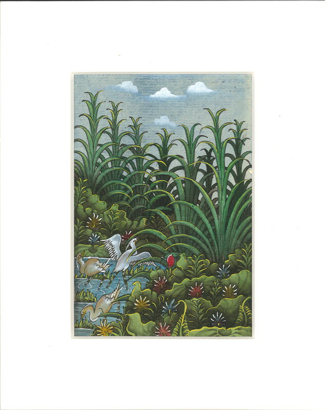 バリ細密画　湿地の鳥