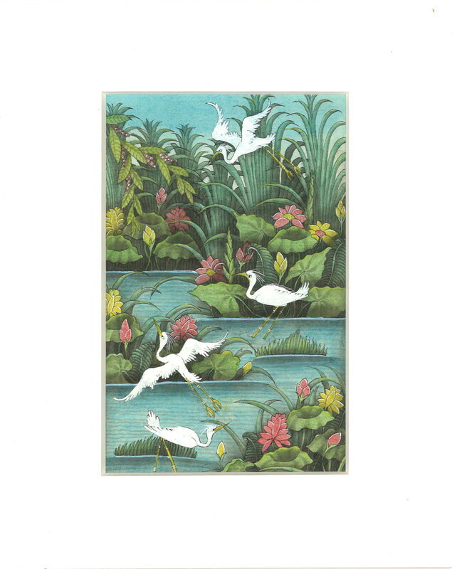 バリ細密画　湿地のハスと白鷺