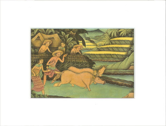 バリ細密画　田園風景　水田と牛