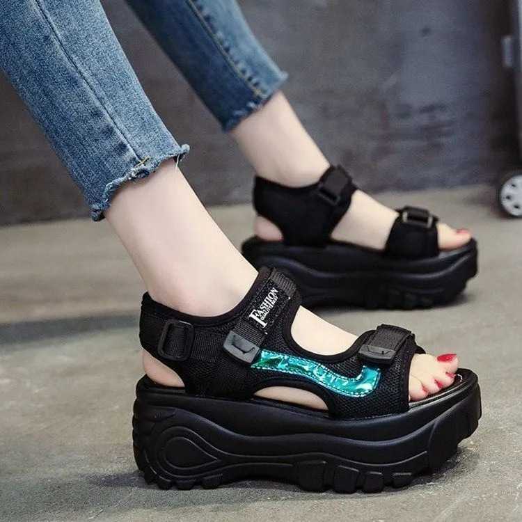 Sports Sandal - サンダル レディース厚底スポーツサンダル 5センチヒール靴ブラック サンダル 歩きやすい プール リゾートシューズ ビーチサンダル履きやすい 柔らかい 疲れない