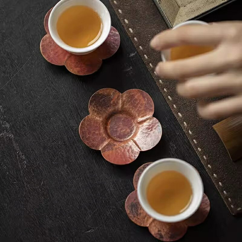 Rakuten - 茶具 紫銅製 茶托 3点セット お茶 茶道 茶器 花形 プレゼント トレイ トレー 茶承 茶盆 贈り物 旅行セット 敬老の日