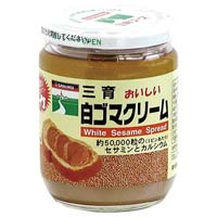 三育 白ゴマクリーム 190g 白ゴマを皮付きで香り高く焙煎し、さとうきびの風味を残した砂糖と蜂蜜等で味をつけました。 発売元:三育フーズ 内容量:190g 1瓶に白ごま約50,000粒分のセサミンとカルシウムを含んでいます。 「三育 白ゴマクリーム 190g」は、白ゴマを皮付きで香り高く焙煎し、さとうきびの風味を残した砂糖と蜂蜜等で味をつけた、ごまペーストです。 1瓶に白ごま約50,000粒分のセサミンとカルシウムを含んでいます。香ばしい風味とおいしさをご賞味ください。 原材料 炒り白ゴマ、砂糖、植物油脂、はちみつ、塩 栄養成分表 大さじ約1杯(15g)あたり エネルギー 98kcal たんぱく質 2.0g 脂質 8.1g 炭水化物 4.4g 食塩相当量 0.02g カルシウム 77mg 鉄 0.6mg セサミン(計算値) 33mg 広告文責:いいもの健康有限会社 電話番号: 042-498-2113　