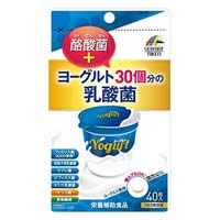 ユニマットリケン ヨーグルト30個分の乳酸菌+酪酸菌 40粒 1日目安量の2粒中に、ヨーグルト30個分の乳酸菌に相当する3000億個のフェカリス菌に、酪酸菌を配合。噛んでも美味しく食べられる、ヨーグルト風味のチュアブルタブレット。 発売元:ユニマットリケン 内容量:8g(200mg×40粒) 1日量(目安):2粒 使用の目安:約20日間 有胞子性乳酸菌、ラブレ菌、ビフィズス菌、KT-11乳酸菌、オリゴ糖、食物繊維をプラス。 「ユニマットリケン ヨーグルト30個分の乳酸菌+酪酸菌 40粒」は、1日目安量の2粒中に、ヨーグルト30個分の乳酸菌に相当(*)する3000億個のフェカリス菌に、酪酸菌を配合した栄養補助食品です。さらに有胞子性乳酸菌、ラブレ菌、ビフィズス菌、KT-11乳酸菌、オリゴ糖、食物繊維をプラスしました。噛んでも美味しく食べられる、ヨーグルト風味のチュアブルタブレットです。 (*) ヨーグルト1個分(100g)に乳酸菌100億個含まれるとした場合 ユニマットリケン ヨーグルト30個分の乳酸菌+酪酸菌 40粒 のお召し上がり方 栄養補助食品として1日2粒を目安に、水またはぬるま湯と共にお召し上がりください。そのまま噛んでも美味しくお召し上がりいただけます。 原材料 マルチトール、殺菌乳酸菌末(デキストリン、殺菌乳酸菌、澱粉分解物)、乳糖、難消化性デキストリン、イソマルトオリゴ糖粉あめ、殺菌ビフィズス菌末、酪酸菌(乳成分・大豆を含む)、有胞子性乳酸菌／結晶セルロース、ステアリン酸カルシウム、二酸化ケイ素、クエン酸、甘味料(スクラロース、アセスルファムカリウム)、香料 栄養成分表 2粒(0.4g)あたり エネルギー 1.4kcal たんぱく質 0.02g 脂質 0.01g 炭水化物 0.35g 食物繊維 0.09g 食塩相当量 0.001g フェカリス菌 3000億個 有胞子性乳酸菌 1.6億個 ビフィズス菌 2億個 酪酸菌 100万個 ラブレ菌 1.6億個 クリスパタス菌KT-11 2.4億個 ※ 乳酸菌は製造時の菌数です。 広告文責:いいもの健康有限会社 電話番号: 042-498-2113　