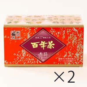 百年茶 赤箱 2箱セット グァバ、桑の葉、ギムネマシルベスタ、クコの実・葉、はとむぎなどの27種の植物・海藻類をバランスよく配合した「百年茶 赤箱」。お得な送料無料2箱セット。 製造元:精茶百年本舗 内容量:450g(7.5g×30袋×2箱) 甘いものがお好きな方に。グァバ、桑の葉、ギムネマシルベスタなどを配合。 百年茶は、奥州平泉藤原文化時代に端を発したと言われ、20種以上の植物・茸類・海藻類を五味調和でバランスよく配合した健康茶です。 「百年茶 赤箱」は、蕃柘榴(バンザクロ・シジュウム)の実を主成分に、クコの実・葉、はとむぎ、ギムネマ・シルベスタ、ベニバナなどの27種の植物・茸類・海藻類をバランスよく配合しました。防腐剤、人工甘味料、着色料、香料などの食品添加物は一切使用していません。また、1袋ごと窒素充填包装をしていますので、いつでも新鮮な風味でお召し上がりいただけます。毎日の健康茶として、ご家族みなさまでお召し上がりください。甘いものがお好きな方に、おすすめします。お得な送料無料2箱セット。 百年茶 赤箱 のお召し上がり方 やかんで 0.5〜1Lの水に対し1袋を入れ、沸騰後とろ火で7〜8分煮出します。 急須で 急須に1袋を入れ、熱湯を注いで2〜3分。数回楽しめます。 ポットで 沸騰した湯の中に、1〜2袋を入れ、しばらく置いて出来上がり。お好みの濃さでお召し上がりください。 冷やして 煮出した後、冷ましたお茶をクーラーポットに移し、冷蔵庫に入れてください。 原材料 バンザクロの実、クコの実・葉、ハトムギ、ほうじ茶、ハブ茶、ナツメ、甘草、カワラケツメイ、大麦、玄米、サツマイモ、昆布、ドクダミ、カミツレ、カキドオシ、コフキサルノコシカケ、黒豆、サンザシ、ギムネマシルベスタ、桑の葉、ひじき、小松菜、シイタケ、イチョウ葉、ベニバナ、タマネギ、ヤマハマナスの実 栄養成分表 エネルギー 0kcal たんぱく質 0g 脂質 0g 炭水化物 0g ナトリウム 0mg ティーバッグ1袋(7.5g)を1Lの熱湯で煮出した場合 広告文責:いいもの健康有限会社 電話番号: 042-498-2113　