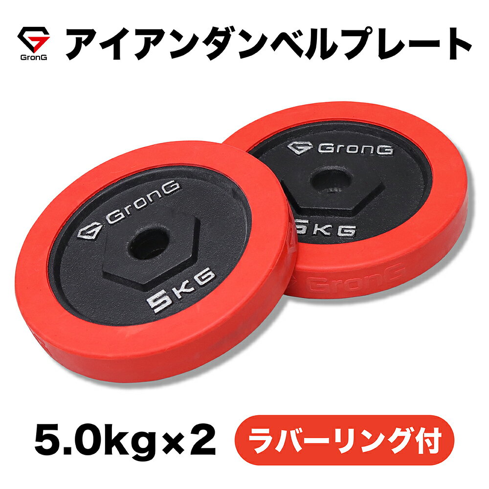 GronG(グロング) アイアンダンベル プレート 追加 セット バーベル 5kg×2 計10kg ラバー付き シャフト径28mm