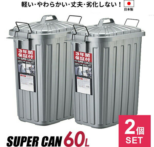 Rakuten - 大容量 ごみ箱 2個セット スーパーカン 角型 60L ガンメタリック ペール 丈夫 大きい 外用 外置き ダストボックス ゴミ ストッカー 屋外 L-113C GM 岩崎工業 業務用 飲食店 駐車場 オフィス 店舗 割れにくい