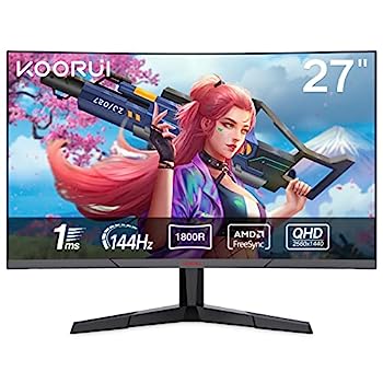 【中古】KOORUI ゲーミングモニター 27インチモニター 湾曲モニター 曲面モニター QHD(2560x1440)/144Hz/1ms（MPRT）/FreeSync対応（G-SYNC互換）/DPx1