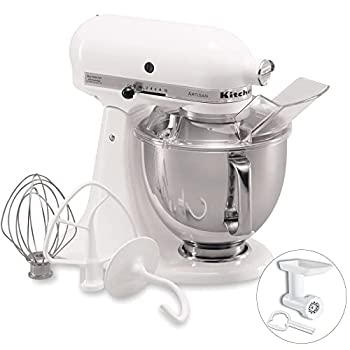 【中古-非常に良い】 キッチンエイド (Kitchen Aid) スタンドミキサー KSM150+フードグラインダー+注入用カバー付き≪お得セット≫ (ホワイト)