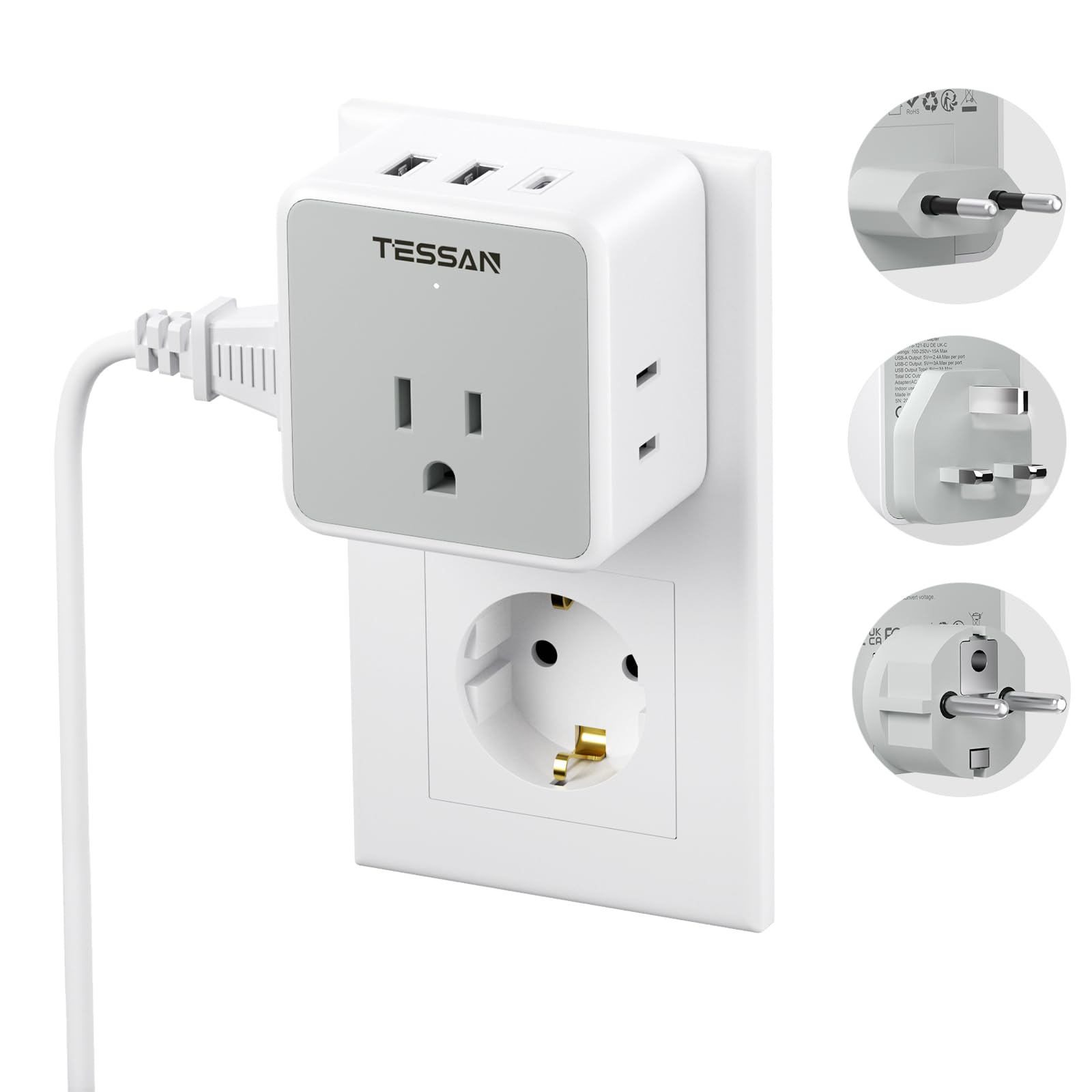 変換プラグ 海外 C/BF/SEタイプ コンセント TESSAN海外旅行用電源変換プラグ 取り外し可能 マルチ変換プラグ 電源変換ACアダプター 3個AC口 2つUSB-Aと1つUSB-Cポート付き 韓国/ドイツ/イタリア/シンガポール/イギリス/香港/東南アジア/ヨーロッパなどの国に対応のサムネイル