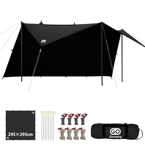 GOGlamping HENGEN スクエアタープTC 正方形タープ ポリコットン 焚き火可 【19箇所ループ 特殊防水テープ付き】500mm耐水圧 撥水加工 遮光/遮熱/難燃 ソロキャンプ 軽量 コンパクト キャンプ アウトドア (ブラック(2.95m))