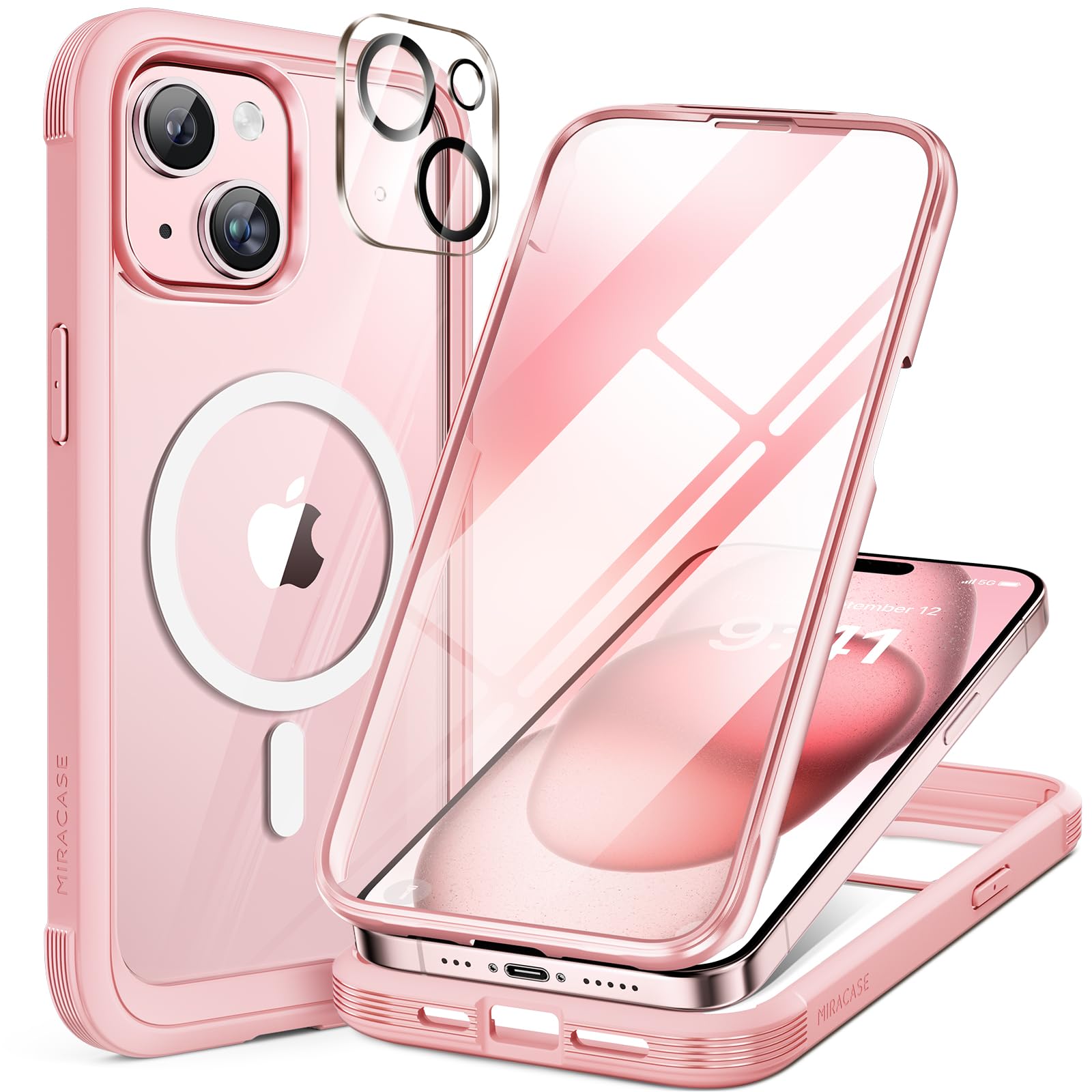 Miracase iPhone15 用 ケース MagSafe対応 9H 強化ガラス 360°保護 スマホケース 全身バンパー保護ケース 6.1インチ フルカバー ワイヤレス充電対応 マグセーフ対応 マグネット搭載 ピンク