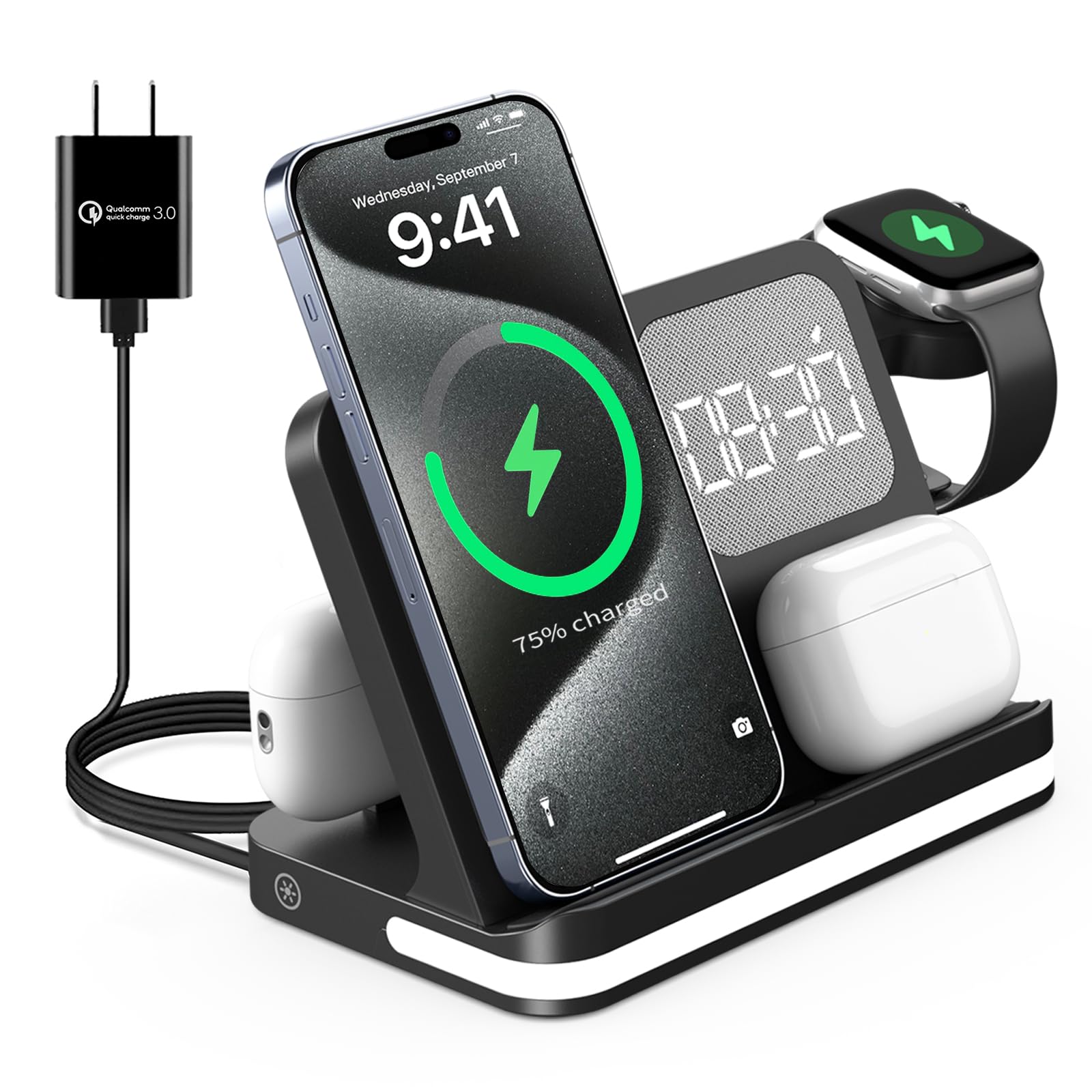 商品情報商品の説明主な仕様 【アップルウォッチ専用】充電器の裏側にあるLightningポートは、ワイヤレス充電機能のないairpodsの充電に対応し、アイホン・アップルウォッチ・エアーポッズに対するワイヤレス高速充電が可能で、4つのデバイ...