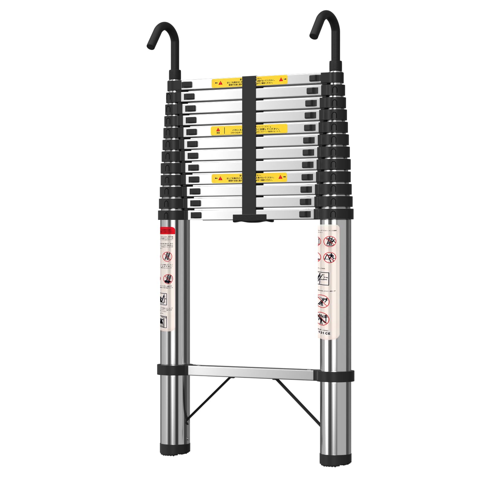 DayPlus 伸縮はしご ステンレス製 5m 折り畳み伸縮梯子 持ち運びやすい軽量 多機能 耐荷重150 kg 自動ロック 安全ロック スライド式 ステンレス鋼のはしご 梯子 室内室外両用 スライド式 フック付き (シルバー, 5.0m)