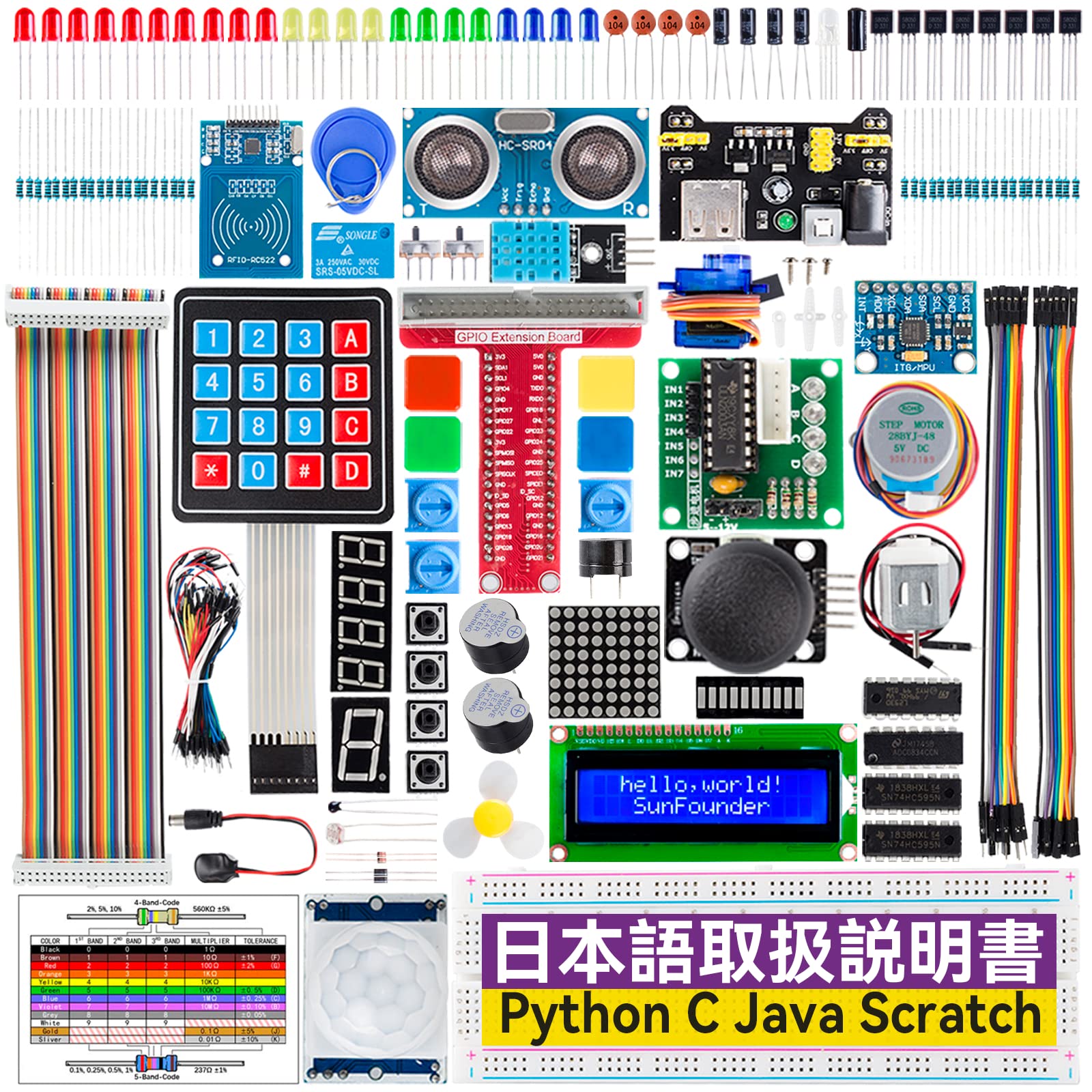 SunFounder Raspberry pi 用のスターター電子工作キット, ラズパイプログラミング, オンライン日本語説明書800+ページ詳細な教本と豊富なレッスン, Raspberry pi 5/4B/3B+/3B/400/3A+/2B/1B+/1A+/Zero W/Zero に対応、C/Python/Java/Node.js/Scratchコードをサポート(※