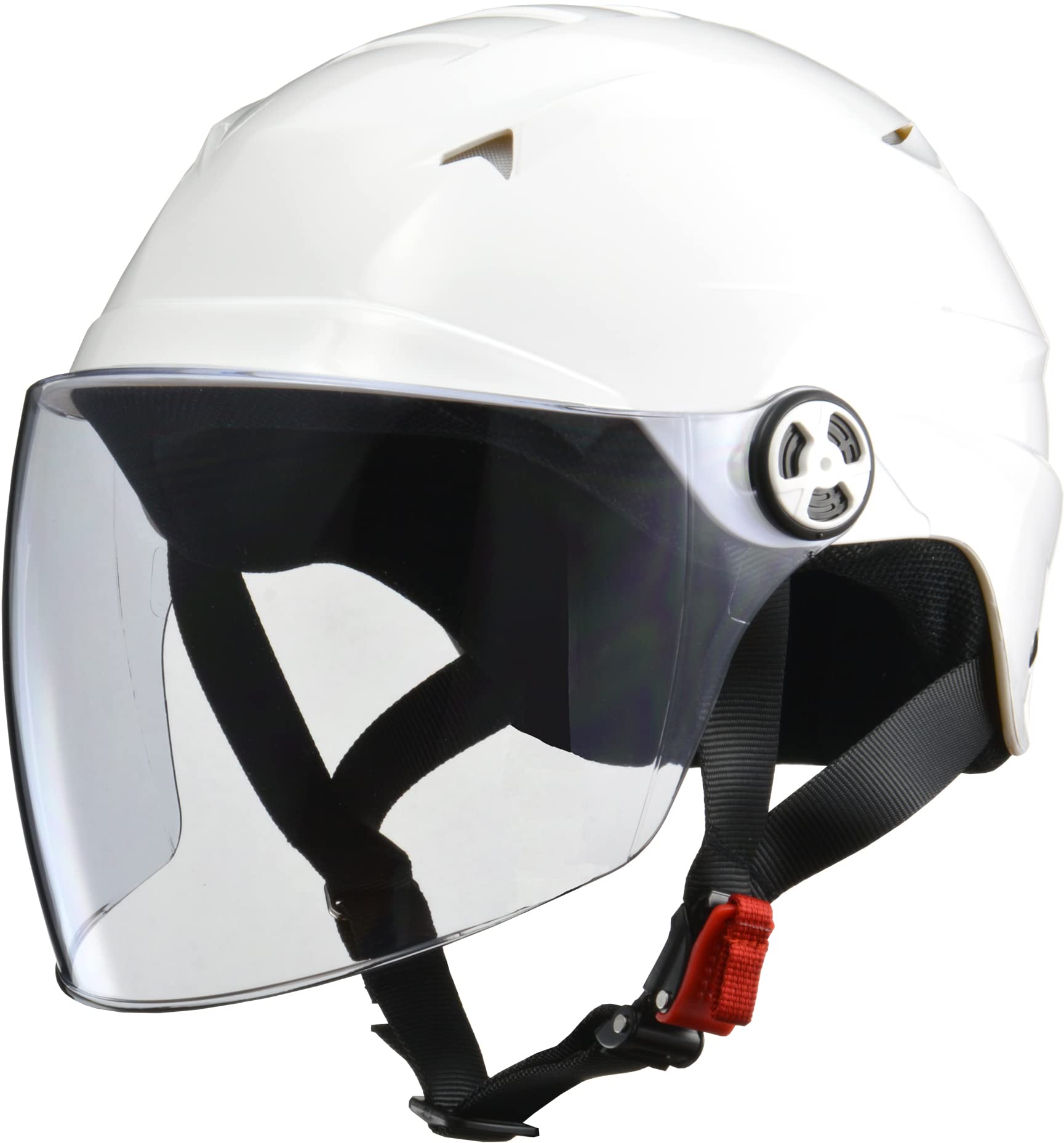 商品情報商品の説明説明 商品紹介 SERIO RE-40 開閉シールド付きハーフヘルメット 軽量でスタイリッシュな開閉式シールド付きハーフヘルメット 個性的でスタイリッシュな帽体形状が特徴的な開閉式シールド付きハーフヘルメット。 前頭部にエアベンチレーションを装備し、走行風をヘルメット内部へ取り込み、こもりやすい熱やムレを解消。締め付け調整が可能なラチェット式バックルを採用。 ・開閉式シールド ライトスモークシールドを標準装備。ハードコート、UVカット仕様。 ・内装 内装の天井部分にメッシュを使用しており蒸れを低減。 ・エアベンチレーション 前頭部にエアベンチレーションを装備し、走行風をヘルメット内部へ取り込み、こもりやすい熱やムレを後方エアダクトで排出 ------------------ 商品名：SERIO RE-40 開閉シールド付きハーフヘルメット カラー：スモーキーシルバー・マットブラック・ホワイト・ブラック サイズ：フリー(57~60cm未満) 規　格：PSC、SG（125cc以下用） 重　量：約750g 素　材：帽体=ABS 標準シールドカラー：ライトスモーク 付属品：サイズ調整スポンジ 使用上の注意 ●画像はイメージです。また、製品仕様は改良により予告なく変更される場合があります。予めご了承ください。 ご注意（免責）＞必ずお読みください ※常に新作・後継品の発送をいたしております。 メーカーにより、予告なく仕様が変更になることがございます。 ※輸送中に細かな傷や汚れがつくことがございます。 ※イメージ違い、サイズ違い等、お客様都合での返品は対応できません。 ご購入前に必ずご確認をお願い致します。 ※サイズを確認してご購入してください。 ※取り扱い説明書をお読みの上ご使用ください。 ※ご使用後や加工後はいかなる苦情もお受け出来ません。主な仕様 サイズ:フリー(頭囲57~60cm未満)br規格:PSC・SG(125cc以下用)br着脱、調整が容易なラチェット式バックルを採用brハードコート、UVカット仕様のライトスモークシールドbr前頭部にエアベンチレーションを装備br外寸:約W235×D315×H220mm