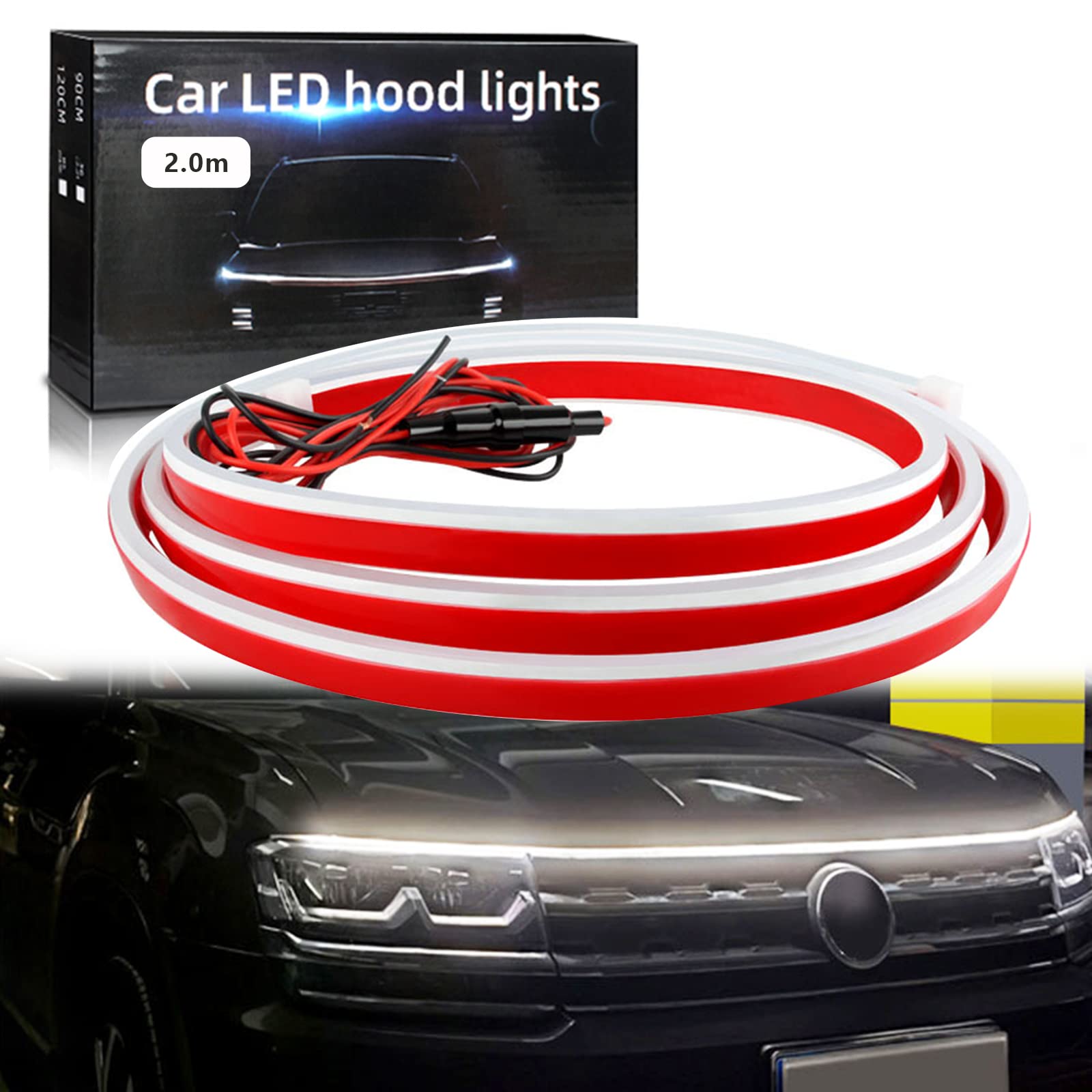 商品情報商品の説明主な仕様 【機能抜群】ご愛車の電源を入れたばかりの時に、LEDテープライトはご車の主人を歓迎しているようです。LEDが流れるように光った後に、常に点灯になります。フードライトストリップとして、華やかな光が車のヘッドに綺麗に光って、抜群にインパクトをアップさせて、運転の安全性を向上させて、運転者の気分も向上させました。br【防水設計＆柔軟性＆超高輝度】流れる LEDテープのボディインターフェースは防水処理を採用して、洗車でも大雨でも心配がありません。高品質のシリコンを採用して、柔軟性を持って、曲面にも貼り付けできます。高輝度のLEDチップを搭載して、かなりの明るさを実現できて、昼間でも十分の認知出来る明るさを備えています。br【取付簡単＆多用途】極薄型デザインで、隙間なく設置できて、取付け位置を確認後に両面テープを剥がして固定するだけです。DC12Vの電圧の場所で使えます。自動車、SUV、バン、トラック及びにジープなどのにテープライト、ディライト、ボンネットライト、車装飾ライト、車のドア ライト、ペダルライト、ボートライトストリップなどとして最適です。アイデア次第で使い方がたくさん！br【商品仕様】LEDテープ フードライト（流れる機能搭載） ／ 色：ホワイト ／ 電圧：DC12V ／ パワー：9W ／ 電流：0.76A ／ 使用寿命：50000時間以上 ／ 防水加工済み ／ 材料：シリコン ／ 高輝度 ／ 長さ：200CM ／ ご注意：ギフトボックスの様式は二つがあって、ランダムに出荷します。br【他のサイズについて＆365日保証＆24時間サービス】工場直売所ですので、多くのサイズを選択できて、0.6M/0.8M/1M/1.2M/1.5M/1.8M/2M/2.2M/2.4Mがあります。 他のサイズが必要な場合は、直接お問い合わせください。 大量に購入したい場合は、指定された長さをカスタマイズできます。弊店はご注文日より365日品質保証があります。※ご注意：ご購入前に必ず販売元GZRUICA（商標登録第6554143号・ブランド登録済み）をご確認ください。※商品の不良や故障等ございました折はメールにてご連絡を下さいませ。25時間以内返答で、新品交換や返金などの解決策がご提供頂します。