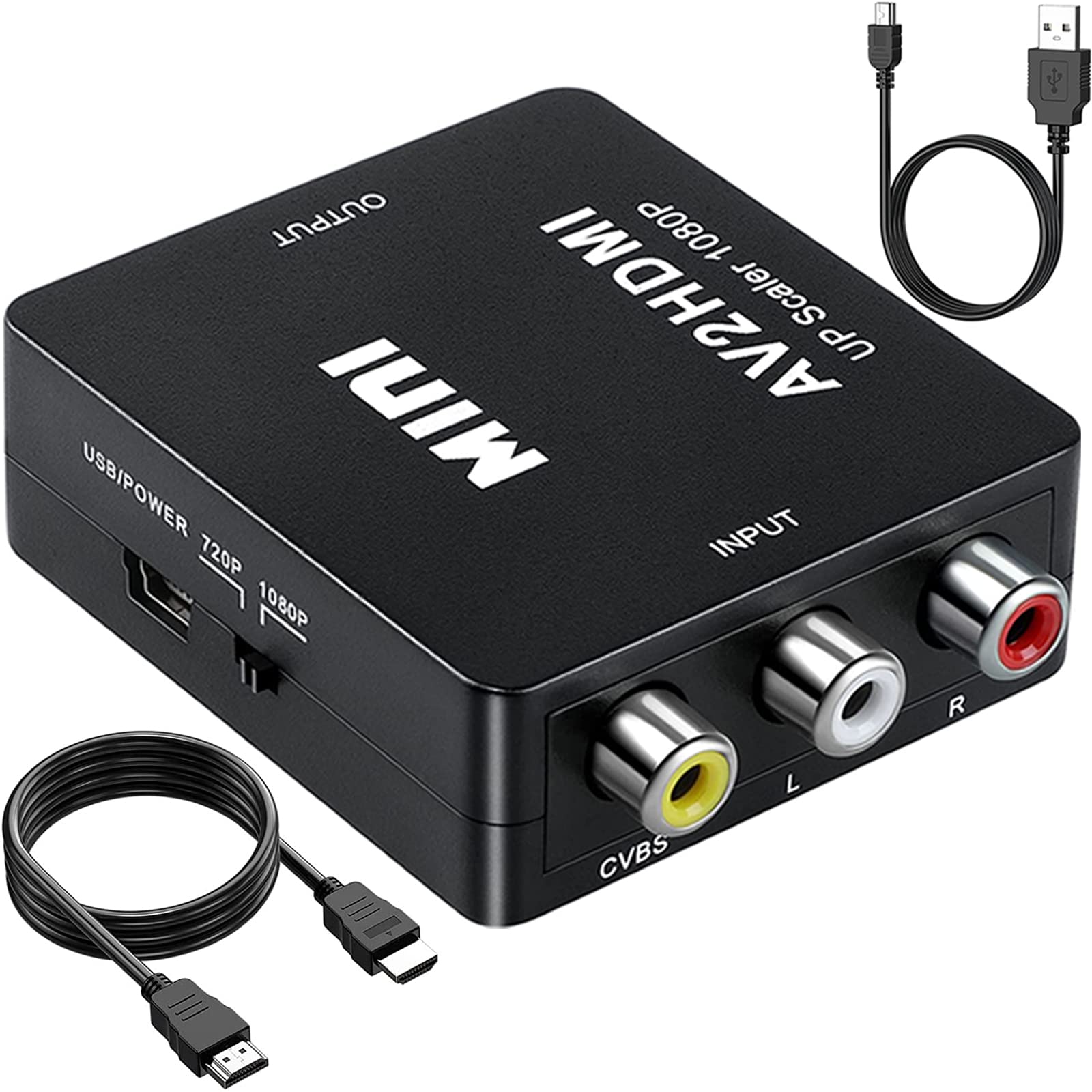 Runbod RCA to HDMI 変換コンバーター RCA コンポジット （赤、白、黄） 3色端子 hdmi 変換ケーブル AV コンポジット （赤、白、黄） 三色コードからHDMI変換コンバーター 1080P 古いレコーダー(DVD、VCR、VHS)、古いゲーム機（XBOX、PS1、PS2、SNES、Wii、N64）など機器