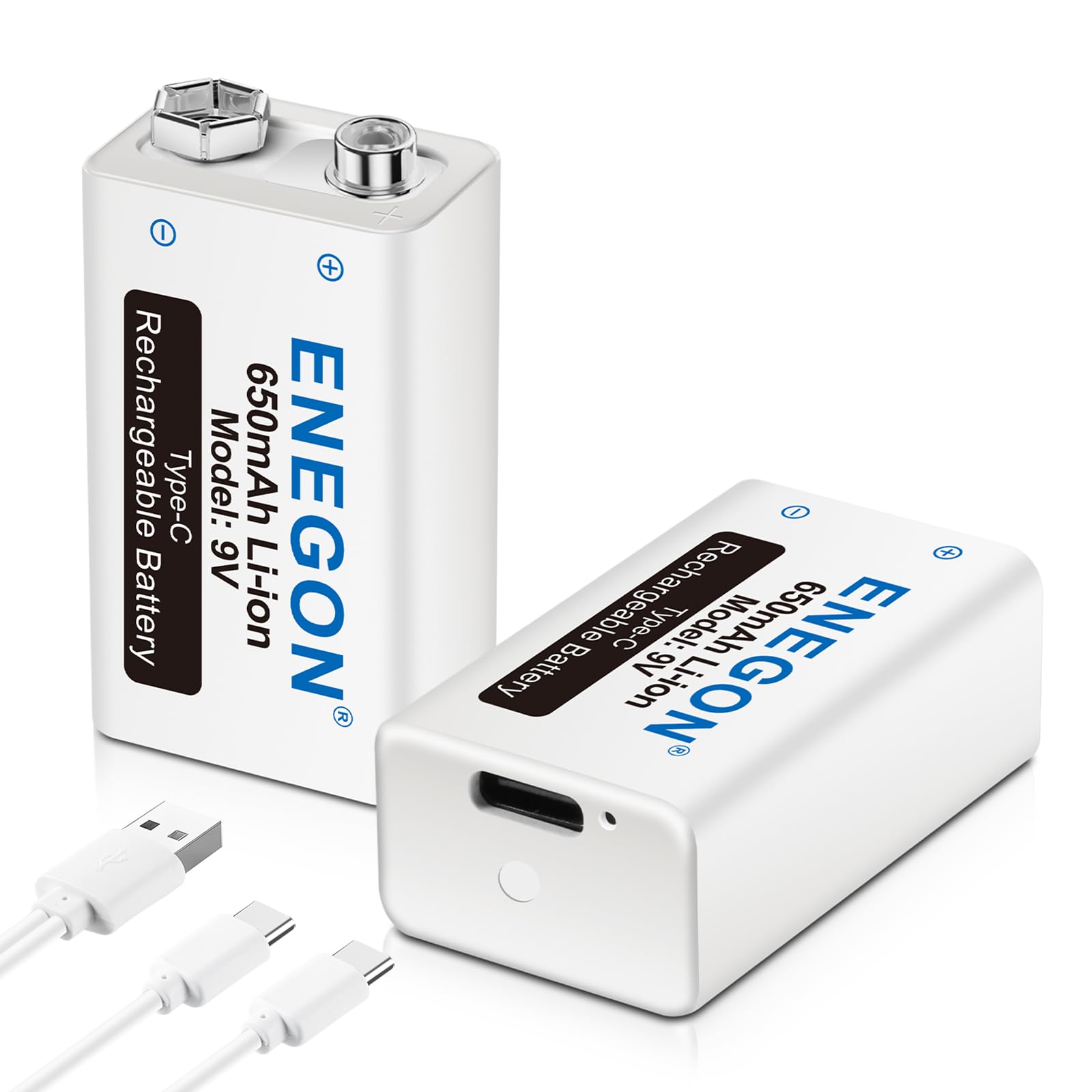 ENEGON 9V 充電式 電池 2個＋2in1 Type-C 充電ケーブル,充電器不要 650mAh 006p電池、Type-C入力、マイク、煙探知器、電子玩具、おもちゃ、トランシーバーなど対応