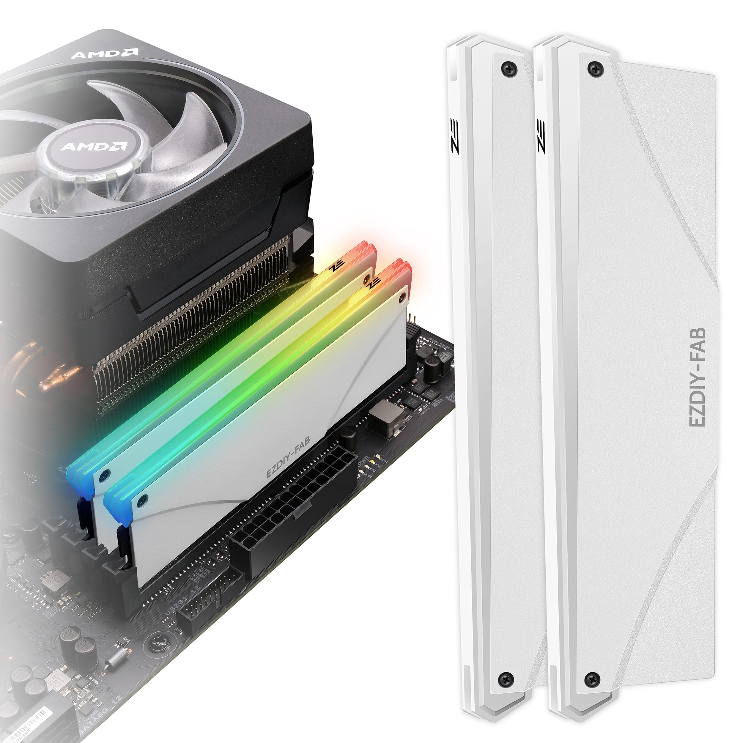 EZDIY-FAB 新しいバージョン RGB RAM 冷却 メモリヒートシンク アドレサブル RGB LED機能搭載 (デスクトップ オーバークロックPC用 メモリ)-白い 2本1セット [PI061]