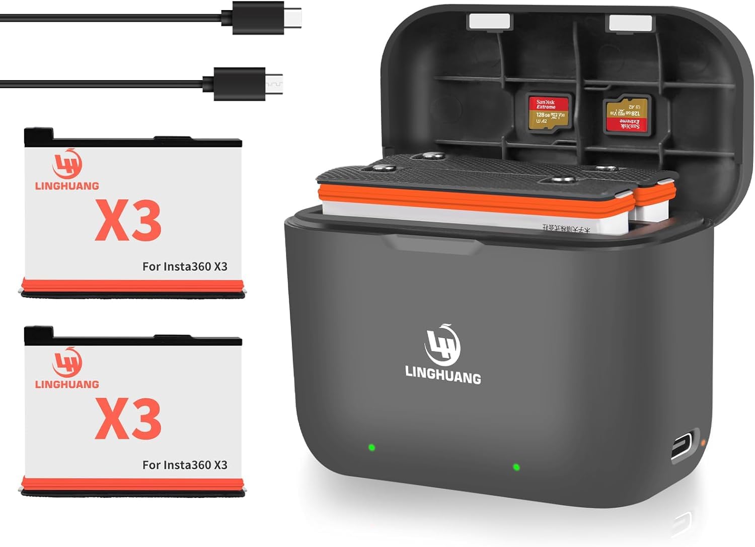 LINGHUANG Insta360 X3バッテリー 予備バッテリー2個 1800mAh Insta360 X3 バッテリー充電器 X3デュアル充電ハブ バッテリー収納ケース兼用 USB-C充電ケーブル付き insta360 x3 アクセサリー対応