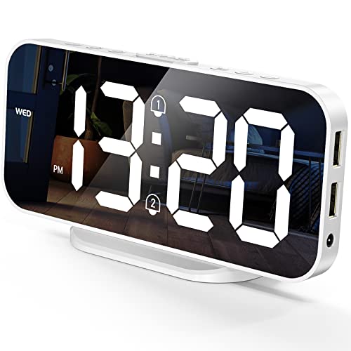 EDUP LOVE デジタル目覚まし時計、LEDミラー電子時計、2つのUSB充電ポート、スヌーズモード、12/24H、明るさ調整可能、キッチン、寝室、リビングルーム、オフィス用のモダンなデスクトップ時計 - 白（使用時には電源接続が必要です）。