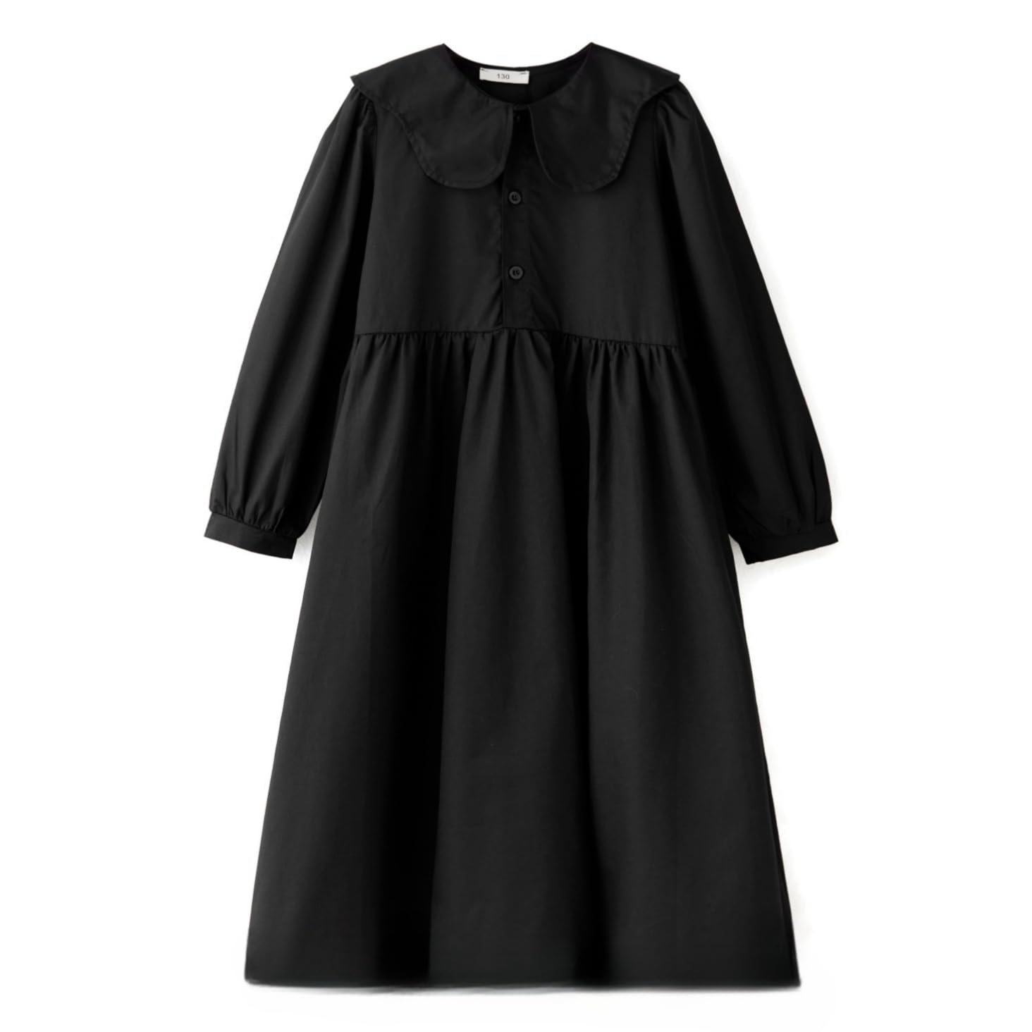 【送料無料】 女の子 長袖 ワンピース 子供服 春秋冬 黒 ロング丈 可愛い 襟付き 無地 シンプル ビッグカラー 前開き フォーマル カジュアル ブラック 130-165cm 色：ブラック/長袖、サイズ：150