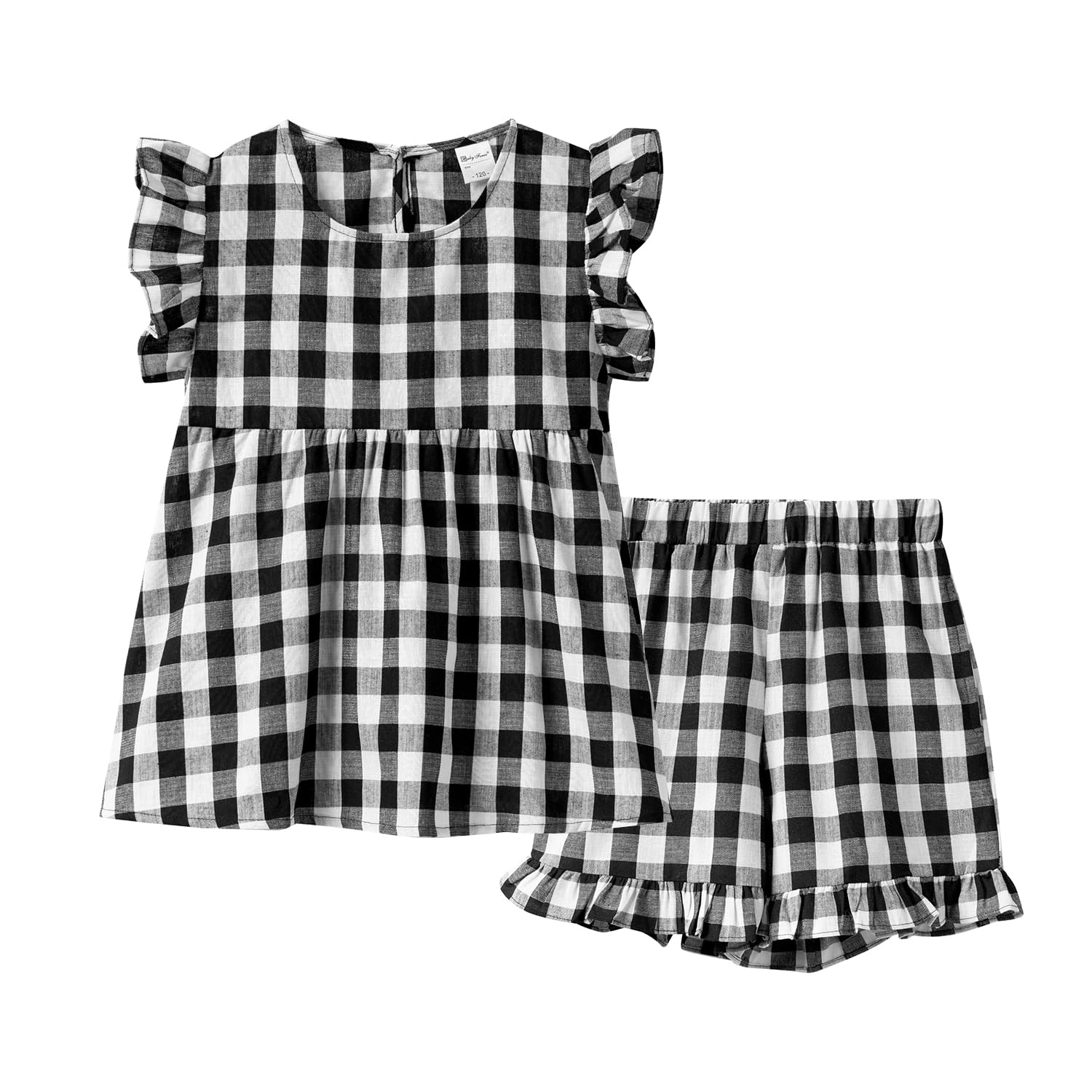 【送料無料】 子供服 女の子 夏 チェック柄 ショートパンツ 短パン トップス 袖なし 可愛いフリル 2点セット カジュアル 普段着 部屋着 リゾート 旅行 110-150cm 色：ブラック、サイズ：130