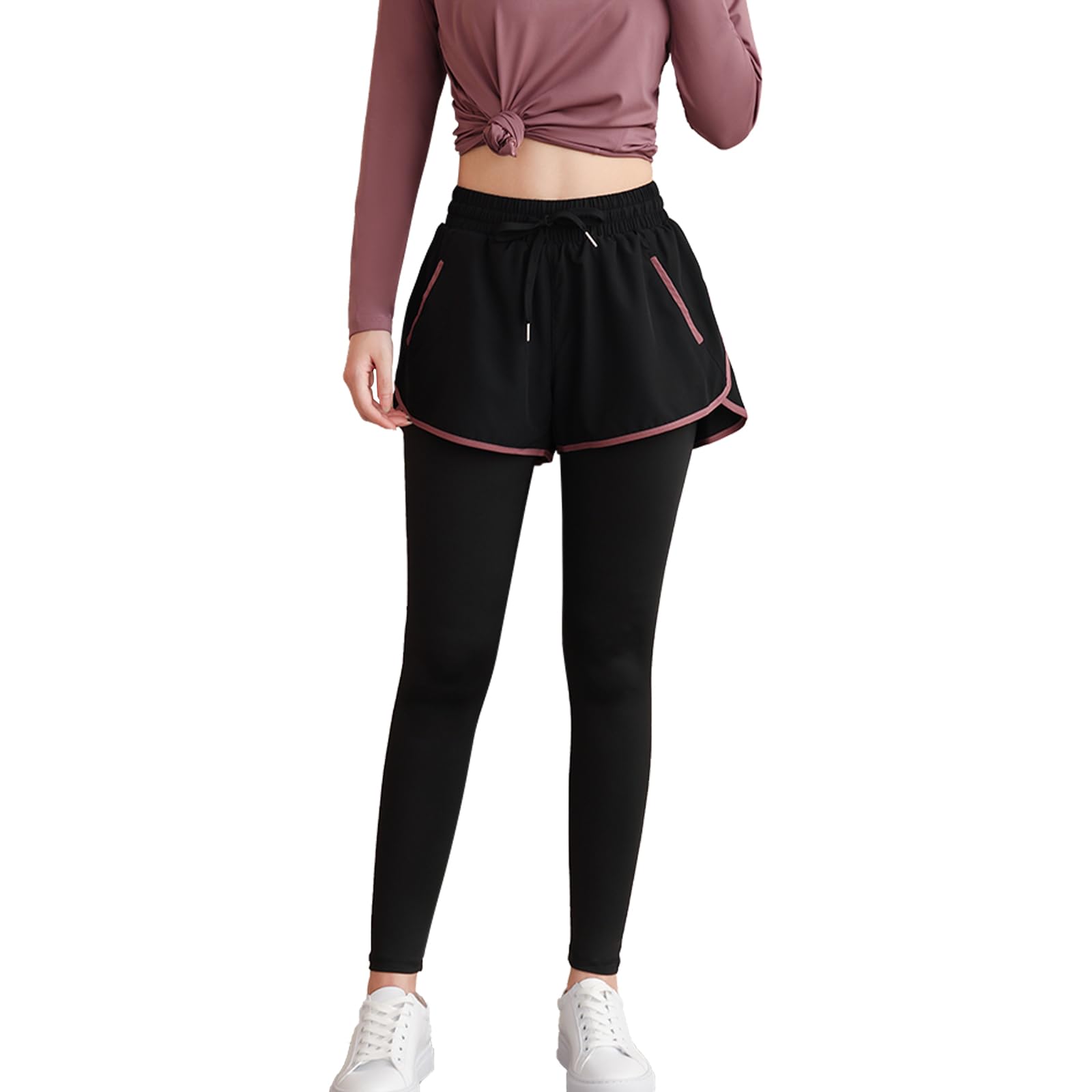 【送料無料】 レディース ヨガパンツ ジョガーパンツ レギンス ハイウエスト｜ポケット付き 通気速乾 ストレッチ｜美脚 トレーニング フィットネス ジム スポーツウェア 色：黒＊ローズ、サイズ：S Regular