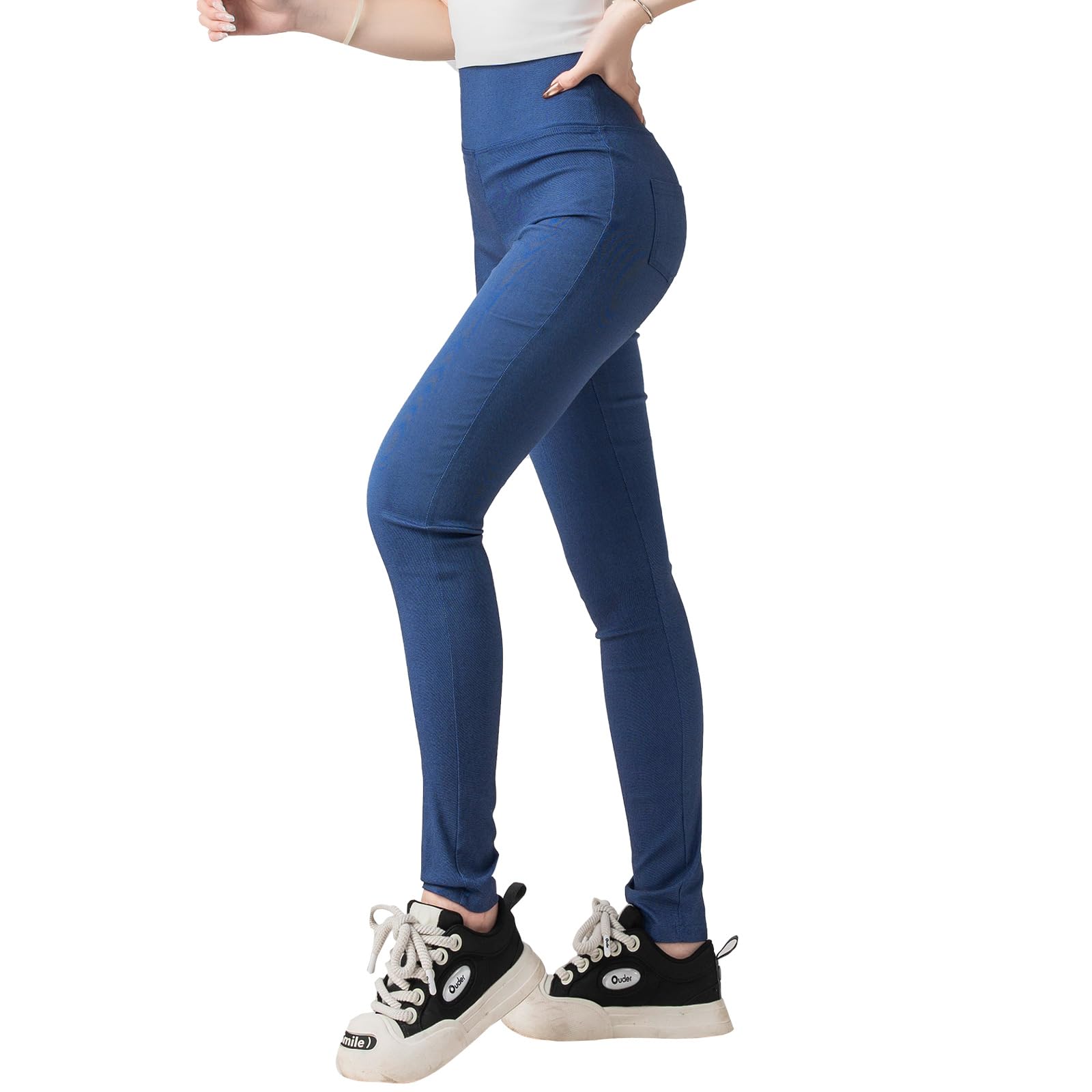 【送料無料】 レディース レギンス スキニータイプ 美脚・美尻効果 ポケット付き ストレッチ素材で動きやすい ヨガ・フィットネス・日常使いに最適 色：デニムブルー、サイズ：M Regular