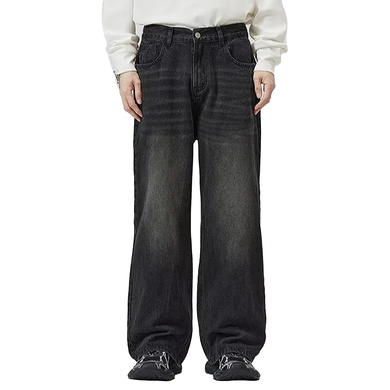 【送料無料】 ジーンズ ジーパン デニムパンツ ストレッチジーンズ ワイドデニム メンズ レディース デニム 大きいサイズ ワイド ゆったり カジュアル おしゃれ アメカジ 春 秋 CK815 色：ブラック、サイズ：L