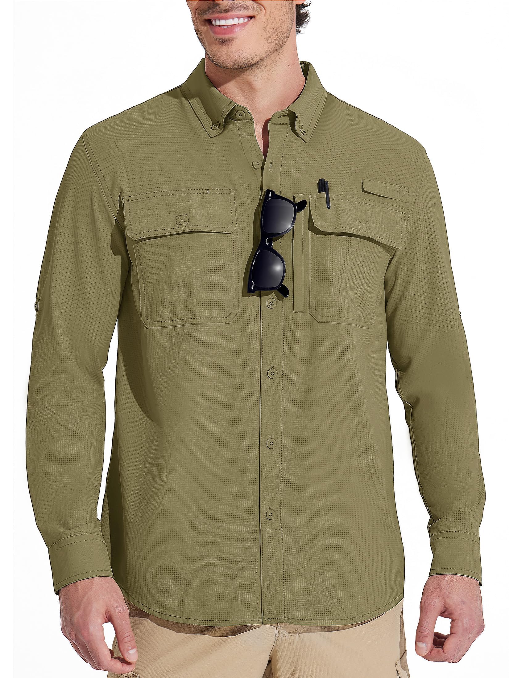 【送料無料】 ミリタリーシャツ メンズ 長袖 登山シャツ UVカット フィッシングシャツ 吸汗速乾 作業着 薄手 釣りシャツ 撥水 通気 アウトドア カジュアル 春秋 色：カーキ、サイズ：XL