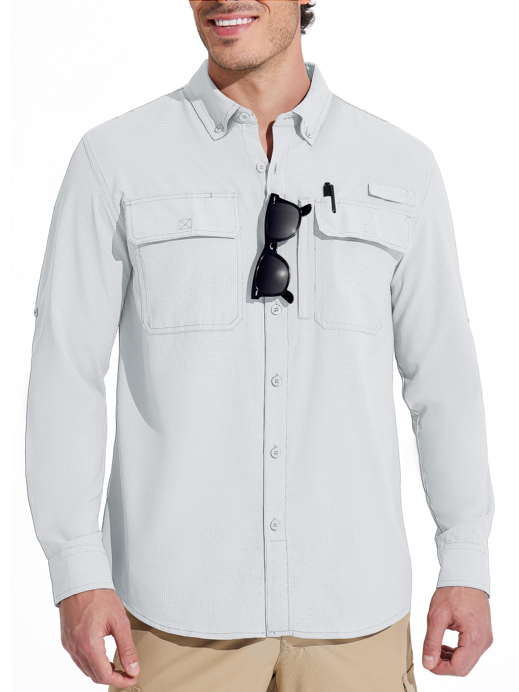 【送料無料】 ミリタリーシャツ メンズ 長袖 登山シャツ UVカット フィッシングシャツ 吸汗速乾 作業着 薄手 釣りシャツ 撥水 通気 アウトドア カジュアル 春秋 色：ホワイト、サイズ：XL