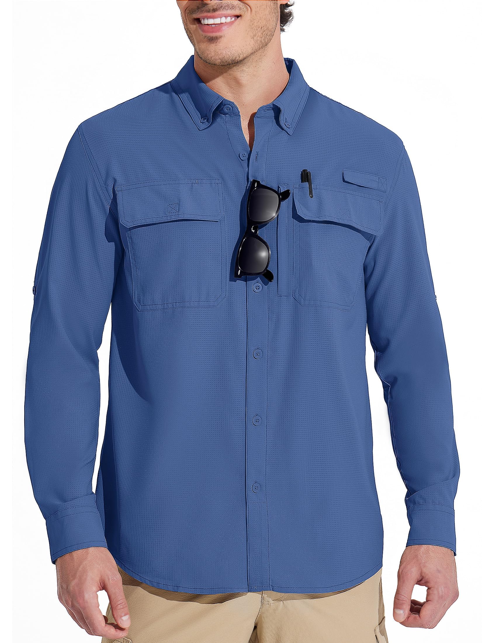 【送料無料】 ミリタリーシャツ メンズ 長袖 登山シャツ UVカット フィッシングシャツ 吸汗速乾 作業着 薄手 釣りシャツ 撥水 通気 アウトドア カジュアル 春秋 色：ブルーグレー、サイズ：XL