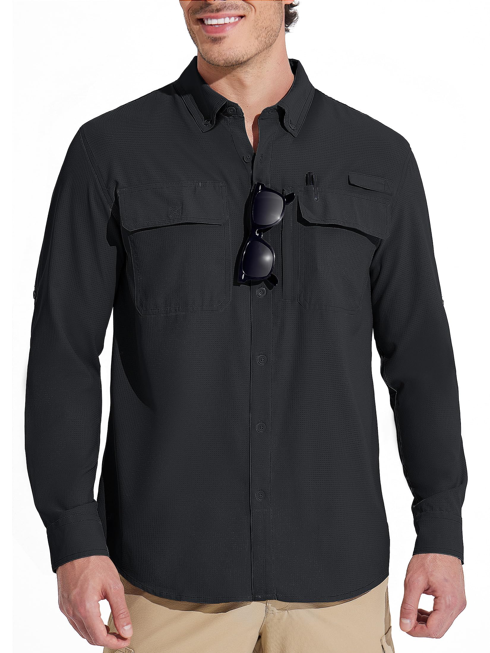 【送料無料】 ミリタリーシャツ メンズ 長袖 登山シャツ UVカット フィッシングシャツ 吸汗速乾 作業着 薄手 釣りシャツ 撥水 通気 アウトドア カジュアル 春秋 色：ブラック、サイズ：3XL