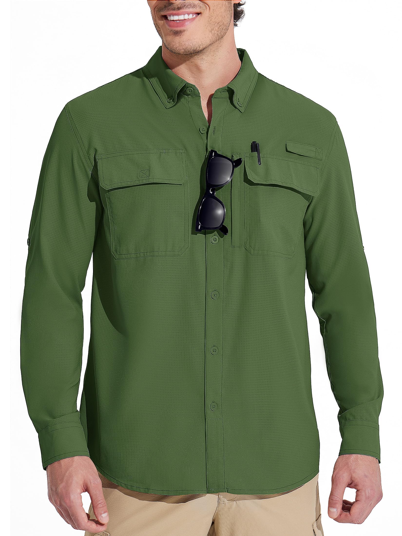 【送料無料】 ミリタリーシャツ メンズ 長袖 登山シャツ UVカット フィッシングシャツ 吸汗速乾 作業着 薄手 釣りシャツ 撥水 通気 アウトドア カジュアル 春秋 色：アーミーグリーン、サイズ：2XL