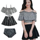 【送料無料】 水着 レディース 3点セット タンキニ 体型カバー 可愛い水着 チェック柄 フリル セパレート スカート ビキニ ビーチウェア オフショルダー 上下セット ビーチ 海水浴 温泉水着 旅行 色:ブラック、サイズ:L