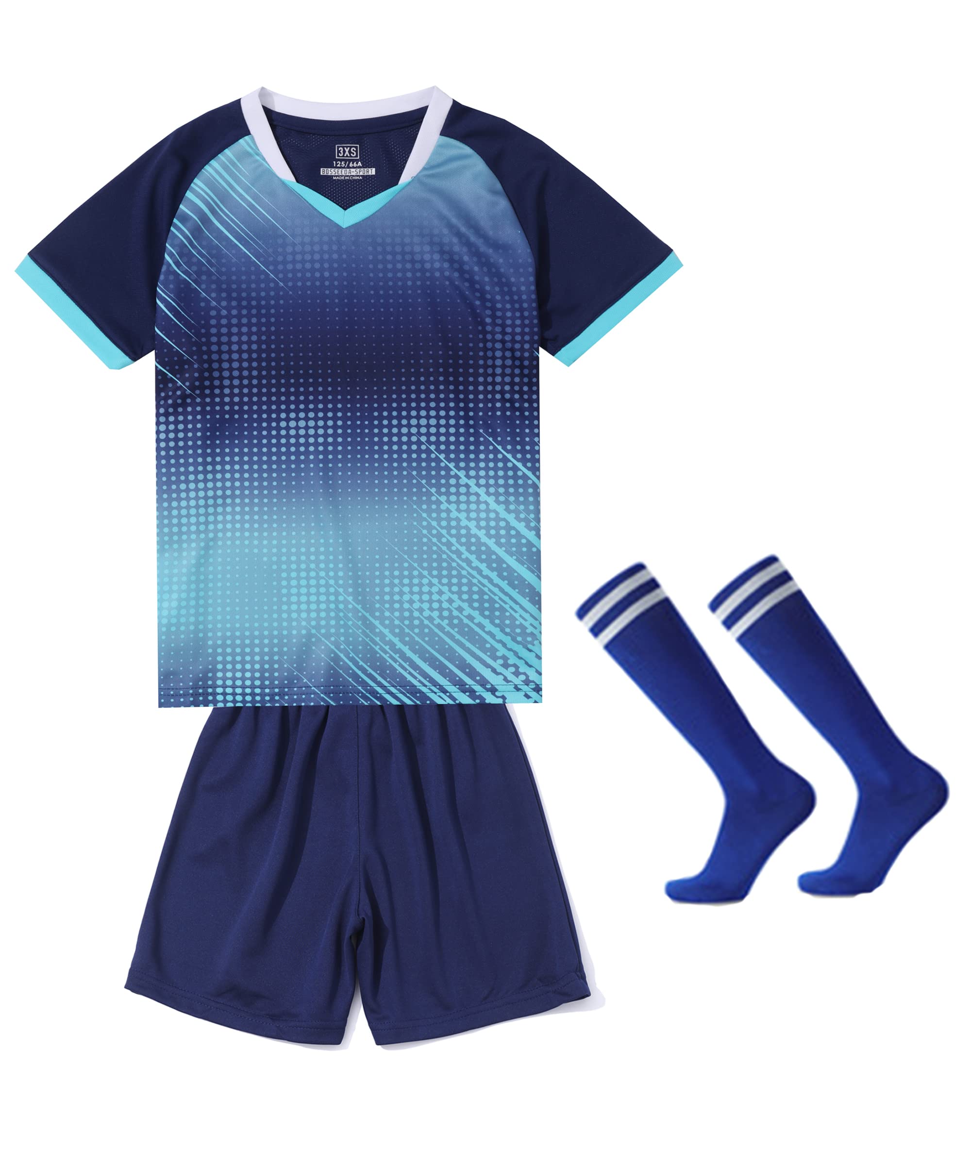 【送料無料】 キッズ サッカーウェア ジャージ 3点セット ソックス付き 子供 プリント 男の子 トレーニング 上下セット 靴下 半袖 ショーツ パンツ 通気 速乾 英字 色：ブルー5、サイズ：130