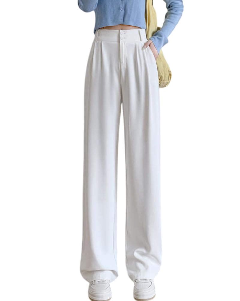 【送料無料】 ハイウエスト ワイドパンツ ストレートパンツ 韓国 美脚 無地 着痩せ 体型カバー ゆったり ロングパンツ スリータックパンツ オフィス 通勤 春夏 ボトムス ズボン レディース 色：ホワイト、サイズ：XL