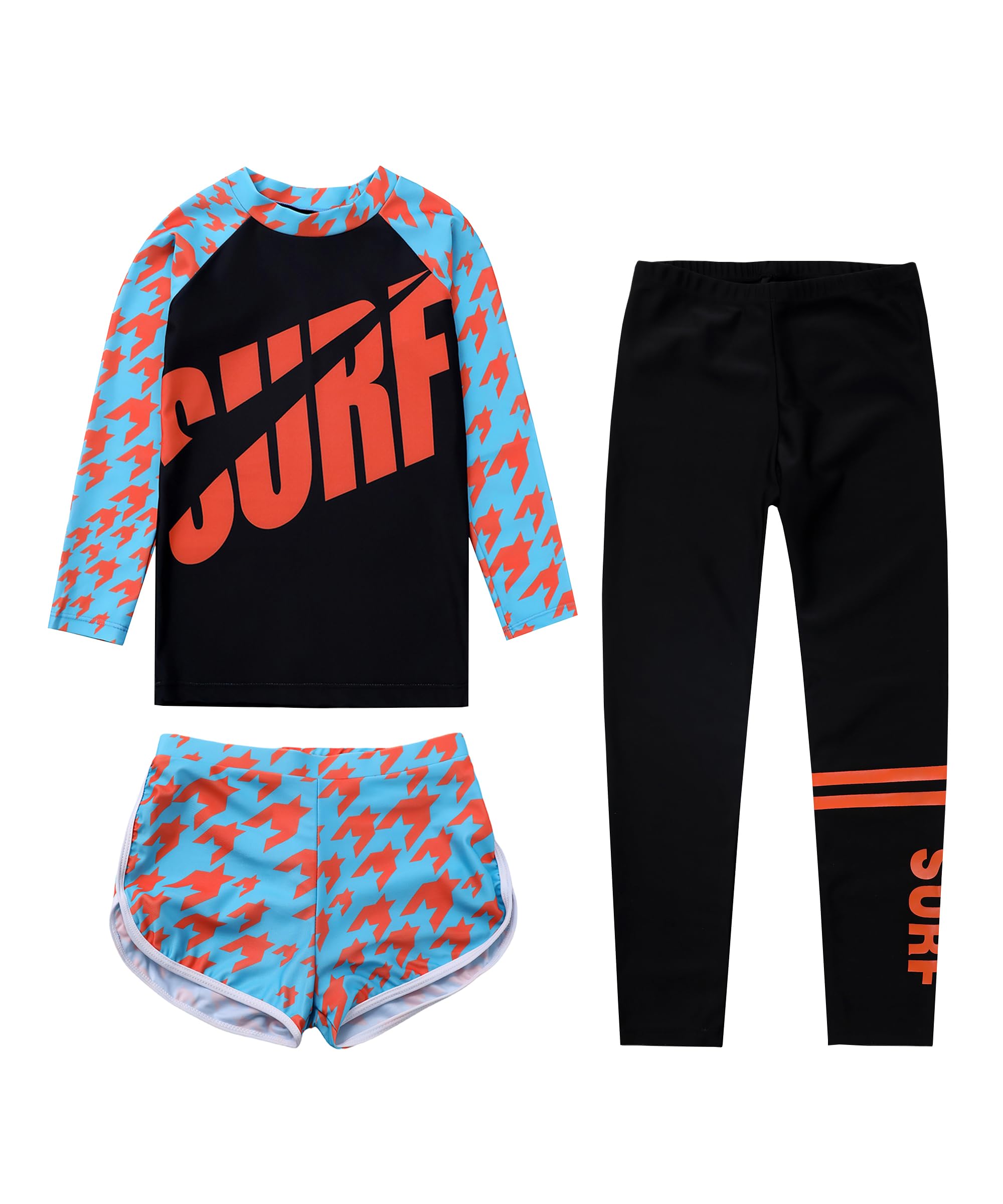 【送料無料】 キッズ 水着 上下3点セット 長袖ラッシュガード +レギンス＋ショートパンツ 女の子 男の..