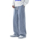 【送料無料】 メンズ デニムパンツ お洒落 ジーンズ 無地 パンツ 調整紐 ロングパンツ ワイドパンツ ウエストゴム ズボン 履き心地 ゆったり 色:ライトブルー、サイズ:3XL