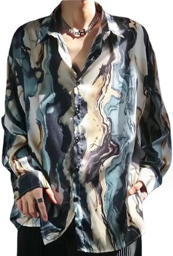 【送料無料】[emptio] [エンプティオ] レトロ トップス シャツ 長袖 お兄系 ゆるカジ メンズ アジアン エスニック 長袖シャツ 色：アイアンブルー、サイズ：2XL