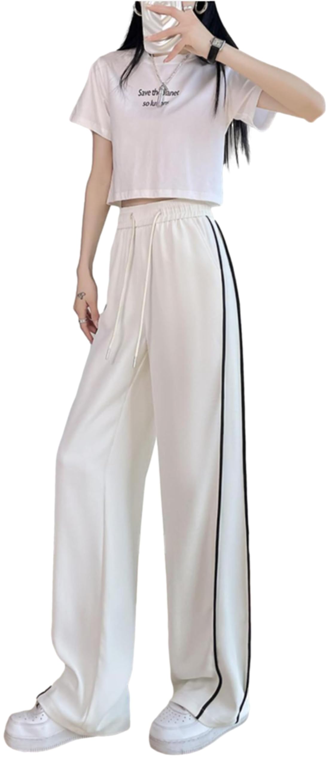 【送料無料】[SLOW＆MELLOW] ジャージ パンツ サイドライン レディース シンプル カジュアル ルームウェア ボトムス スポーツ 部屋着 イージー ウエストゴム ゆったり ヨガ 2カラー 色：ホワイト、サイズ：M