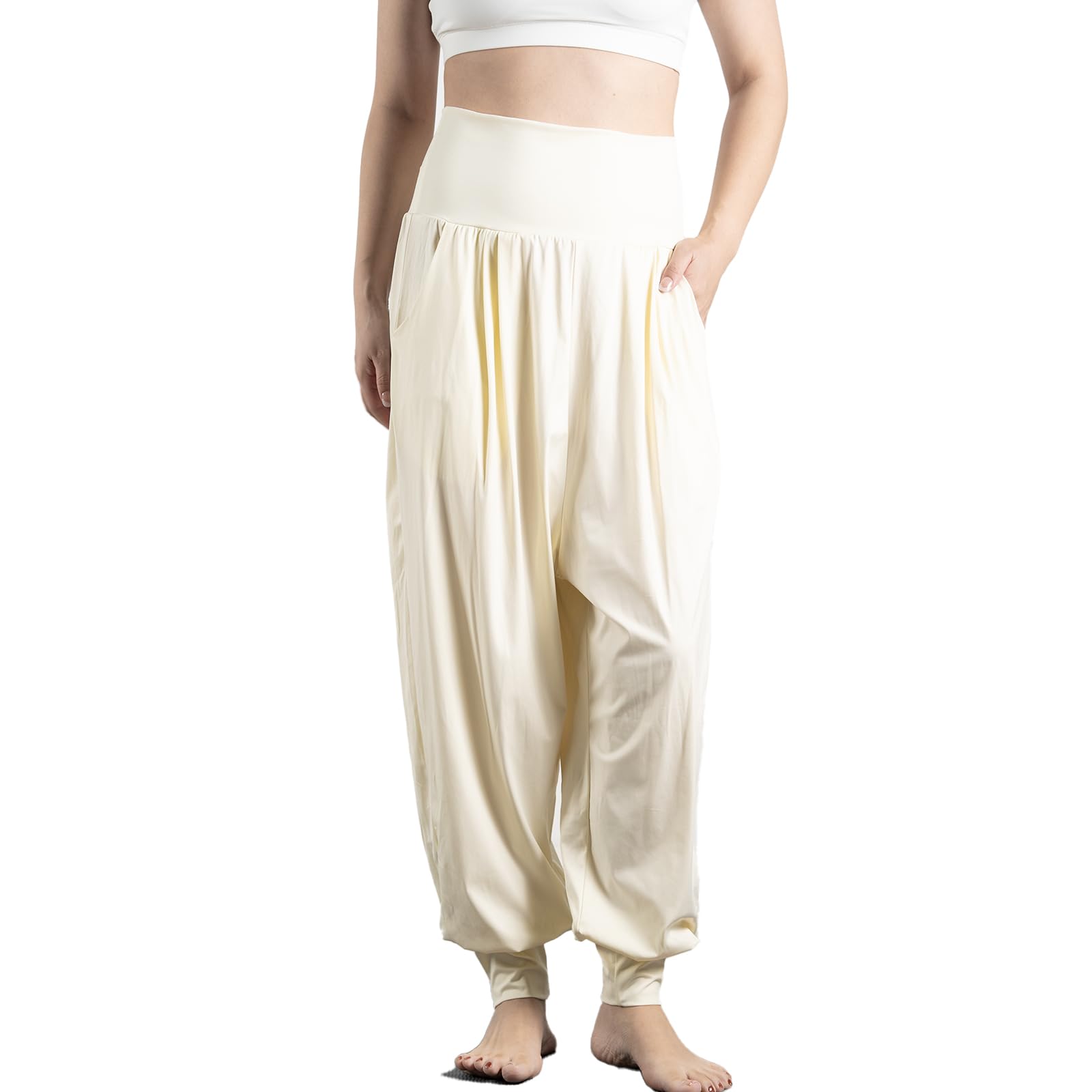 【送料無料】[iito.seasons] ヨガパンツ レディース サルエル 10分丈 パンツ ゆったり ロング丈 ヨガ ワイドパンツ フィットネス パンツ スポーツ ルームウェア ヨガ 部屋着 薄手 伸縮性 吸汗速乾 紫外線対策 色：ベージュ、サイズ：L