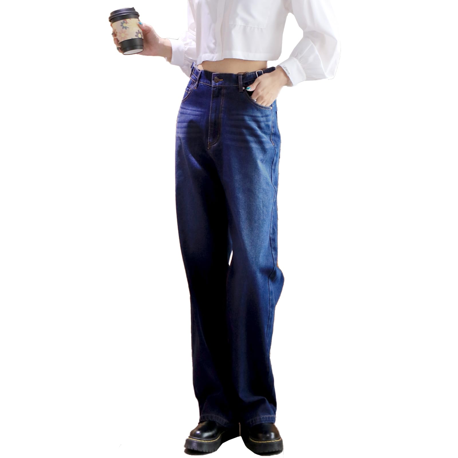 【送料無料】[iito.seasons] デニム 【ウエスト調整可能】ロングパンツ レディース ワイドパンツ ハイウェスト ボトムス 美脚 おしゃれ 通勤 普段着 色：ネイビーブルー、サイズ：2XL