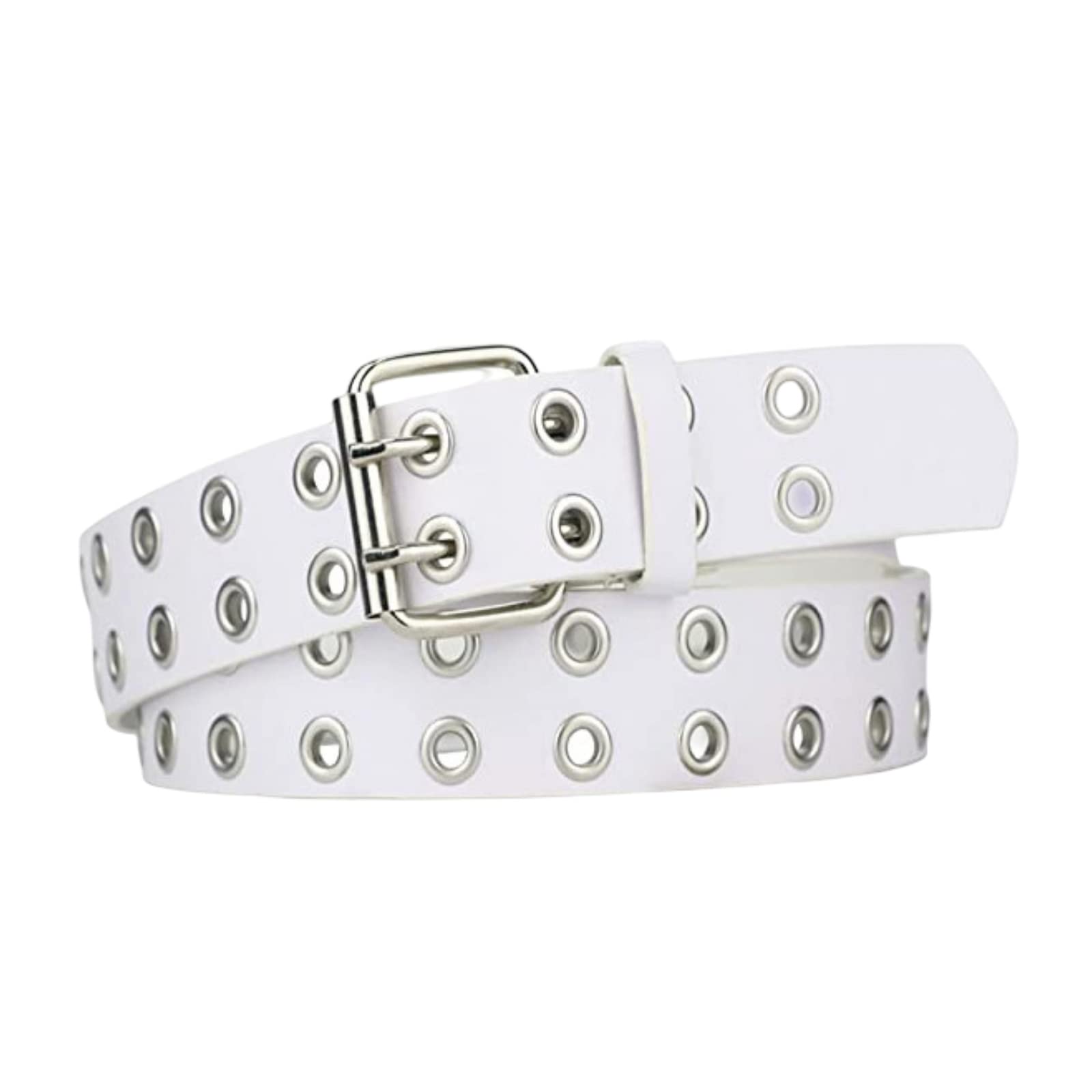 【送料無料】[APOSITV] レディース ベルト 幅広 太め ダブルピン バックル 合皮 シルバー ブラック ホワイト 色：ホワイト、サイズ：Free Size
