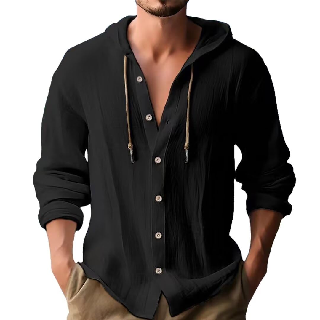 【送料無料】[Kiniety] パーカー Tシャツ メンズ シャツ 長袖 ゆったり フーディー ジム ジャケット スポーツ フード カジュアル コットン シャツ 透湿素材 無地 ボタンダウン おしゃれ ドロップ ショルダー 薄手 ブラウス 春 秋 色：ブラック、サイズ：L